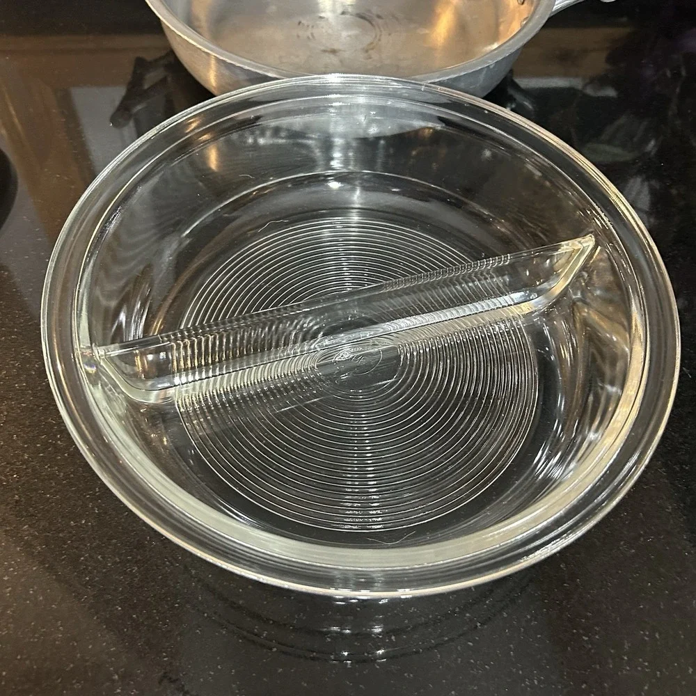 Vintage Everlast Aluminum / Pyrex Tiki Divided Chafing Dish Serving Glass - Picture 8 of 13